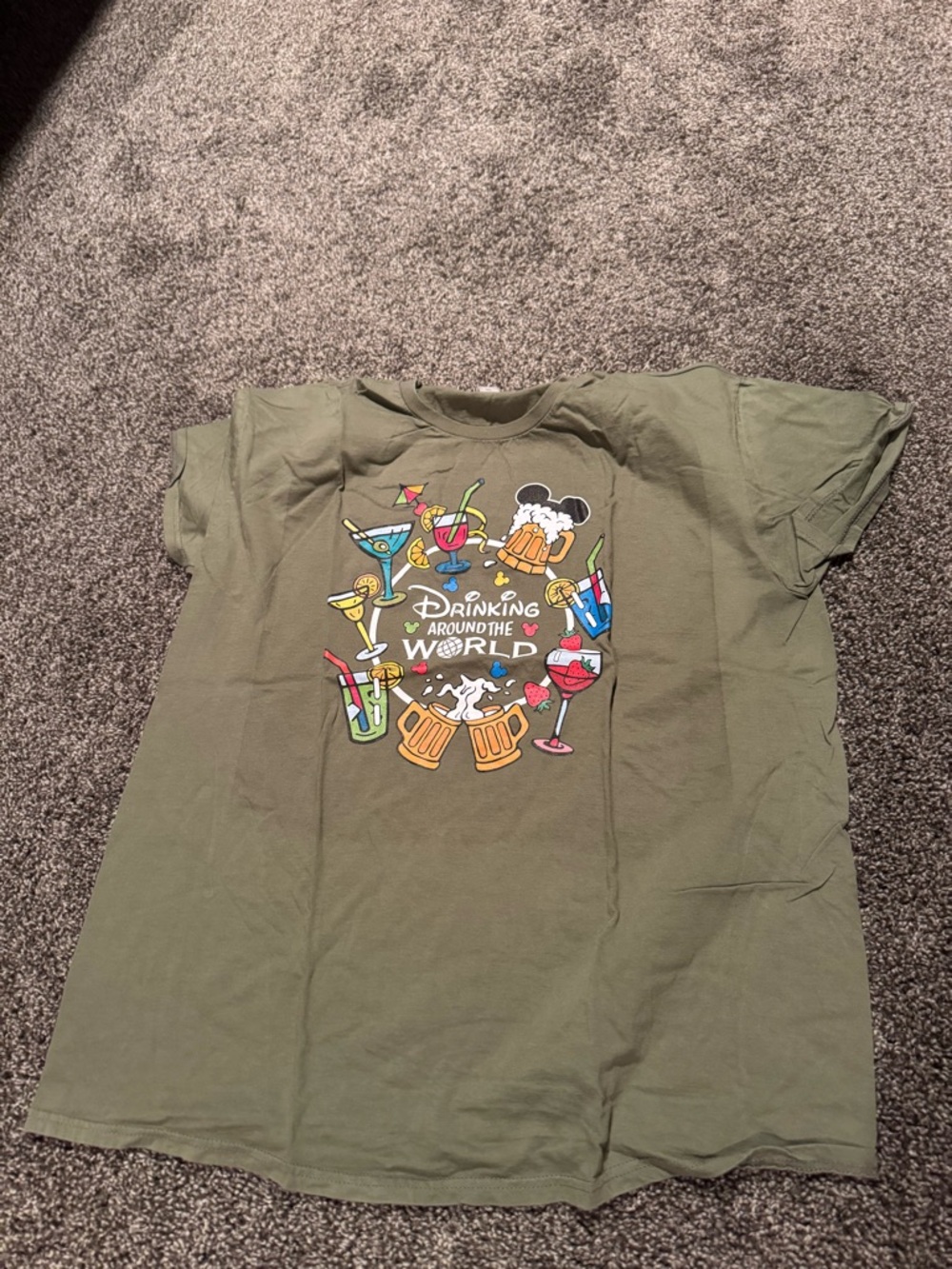 Olive Green Graphic T-Shirt - 'Drinking Around The World'
